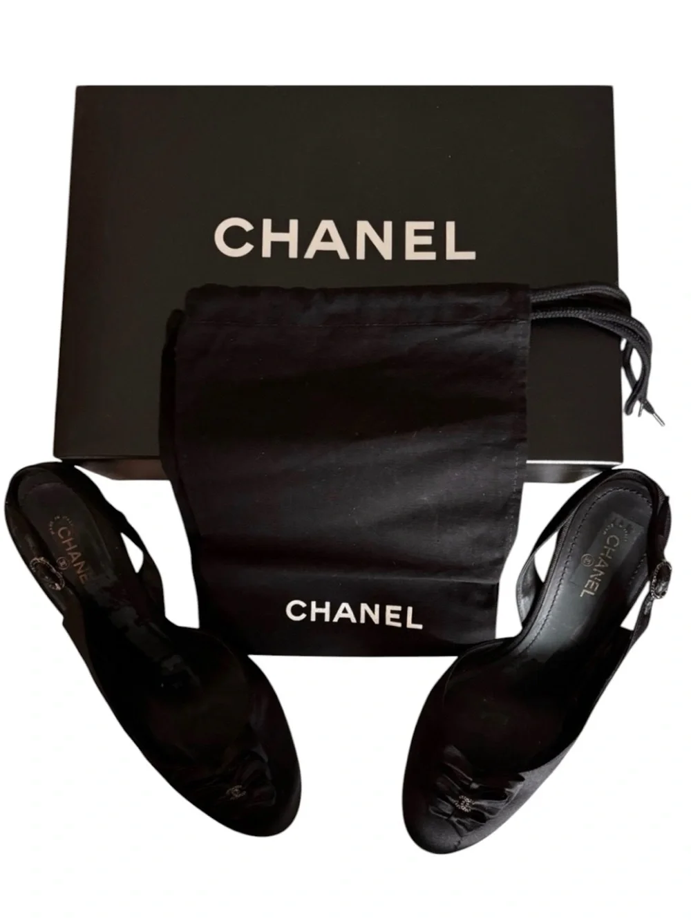 CHANEL Black Satin Black Bows & Crystal CC Jewel Slingback Sz 39 1/2 (8.5/9) EUC